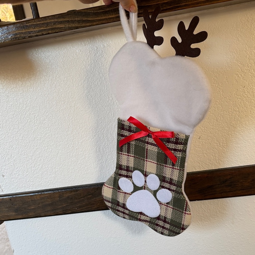 Plaid Dog Paw Christmas Stockings with Antlers